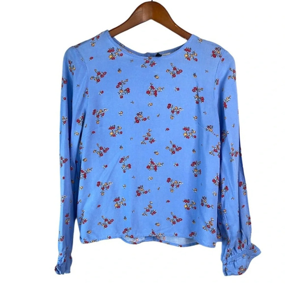 H&M Floral Patterned Viscose Button Back Blouse Corleone Blue Round Neck Size  2 - Picture 2 of 13